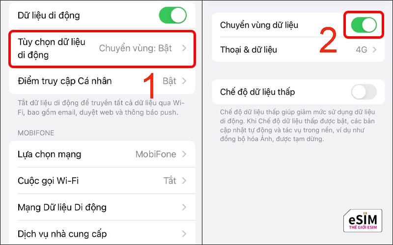 Bật chuyển vùng và tắt tự động chuyển đổi dữ liệu là cách kích hoạt eSIM trên iPhone an toàn.